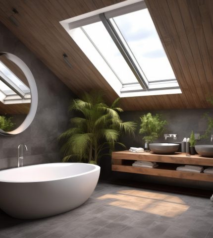 Modern style bathroom with open ceiling, bath tub, natural light. Generative AI.